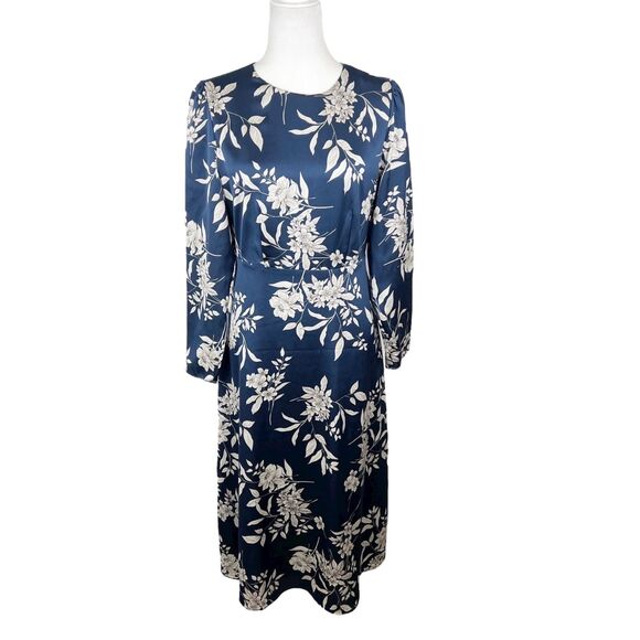 Vince Camuto Dress Women Small Blue White Floral Satin Sheen Midi Long Sleeve - Picture 1 of 15
